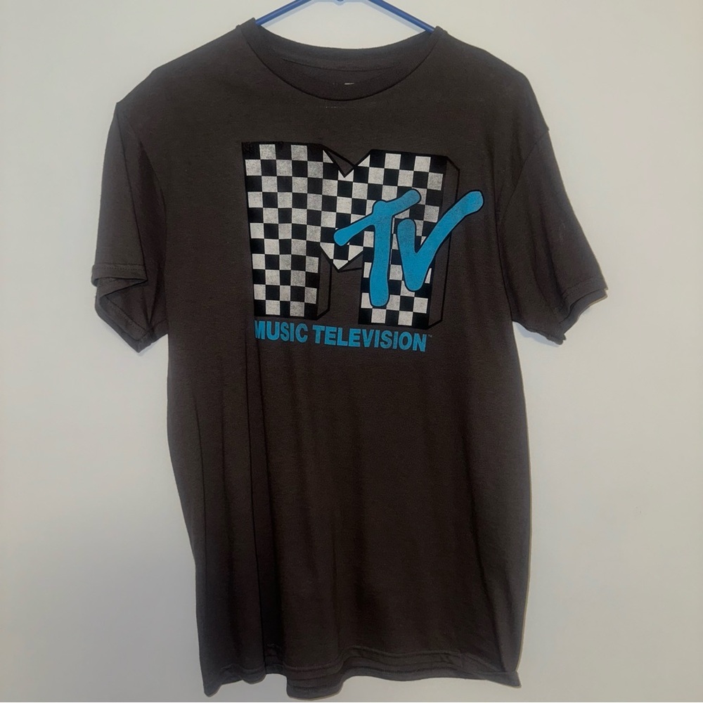 MTV Black Short Sleeve Tee with Checkerboard Design